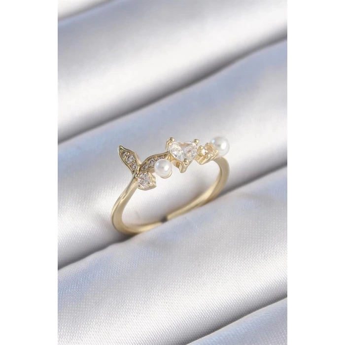 Pirinç Gold Renk Zirkon Taşlı Kalp Yaprak Model İnci Detay Kadın Yüzük