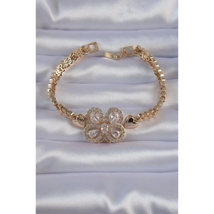 Pirinç Gold Renk Zirkon Taşlı Kelebek Figürlü Parçalı Model Bileklik