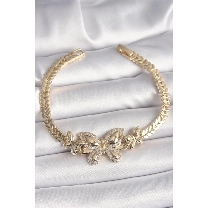 Pirinç Gold Renk Zirkon Taşlı Kelebek Model Kadın Bileklik