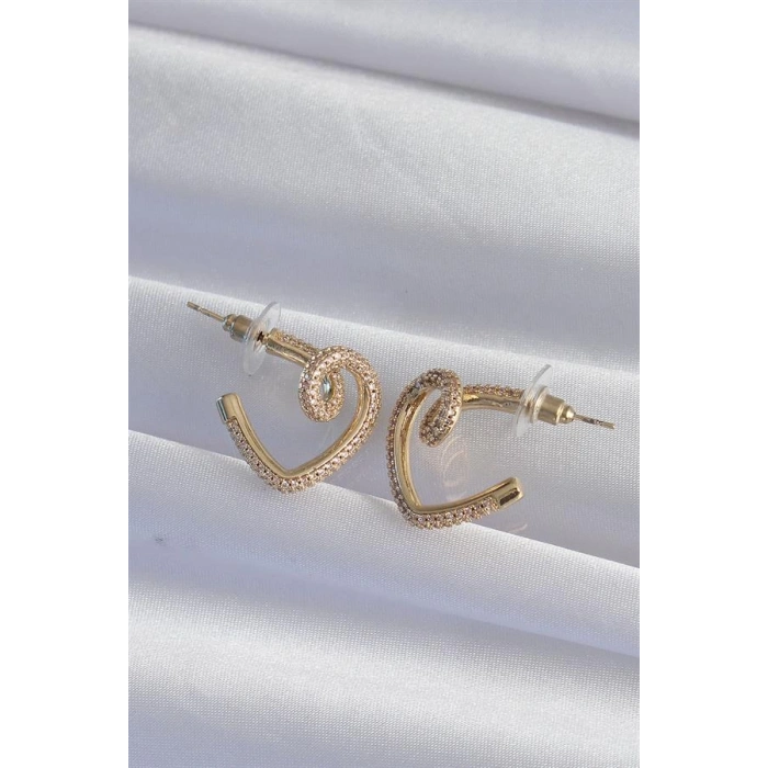 Pirinç Gold Renk Zirkon Taşlı Kıvrımlı Yarım Kalp Küpe