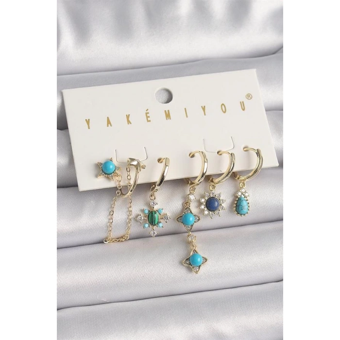 Pirinç Gold Renk Zirkon Taşlı Mavi Boncuklu Çiçek Model VIP Seri Kadın Küpe Kombini