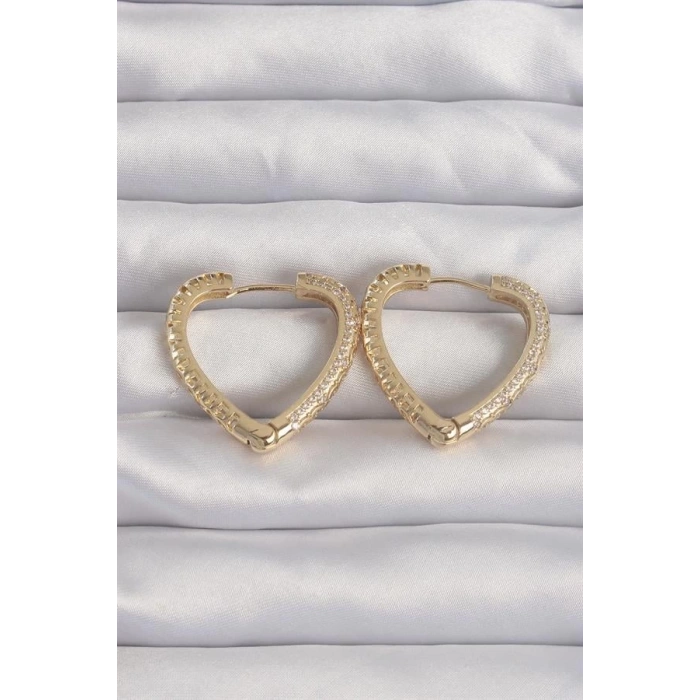 Pirinç Gold Renk Zirkon Taşlı Motifli Kalp Küpe