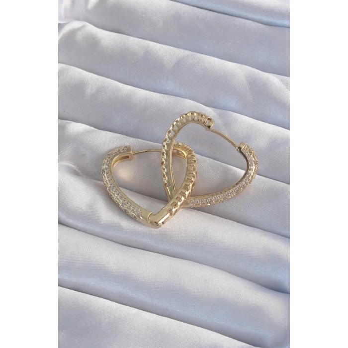 Pirinç Gold Renk Zirkon Taşlı Motifli Kalp Küpe