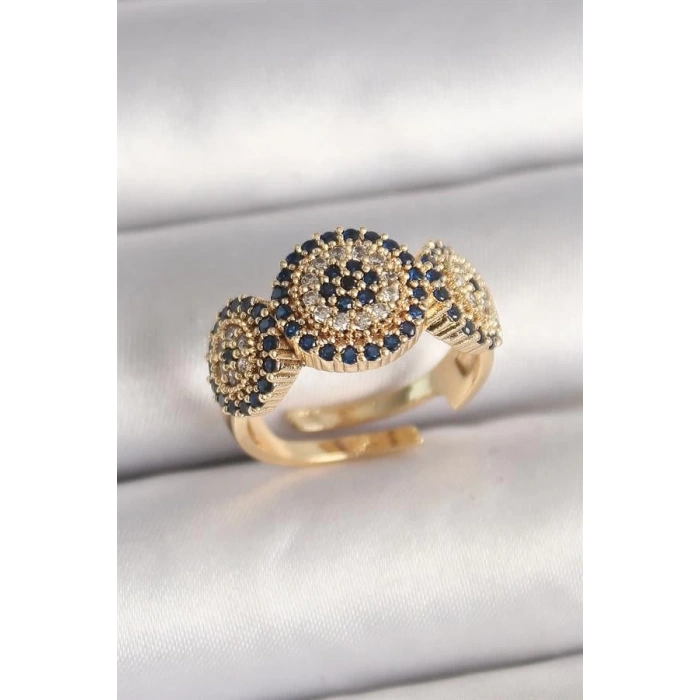 Pirinç Gold Renk Zirkon Taşlı Nazar Boncuk Model Ayarlanabilir Model Kadın Yüzük