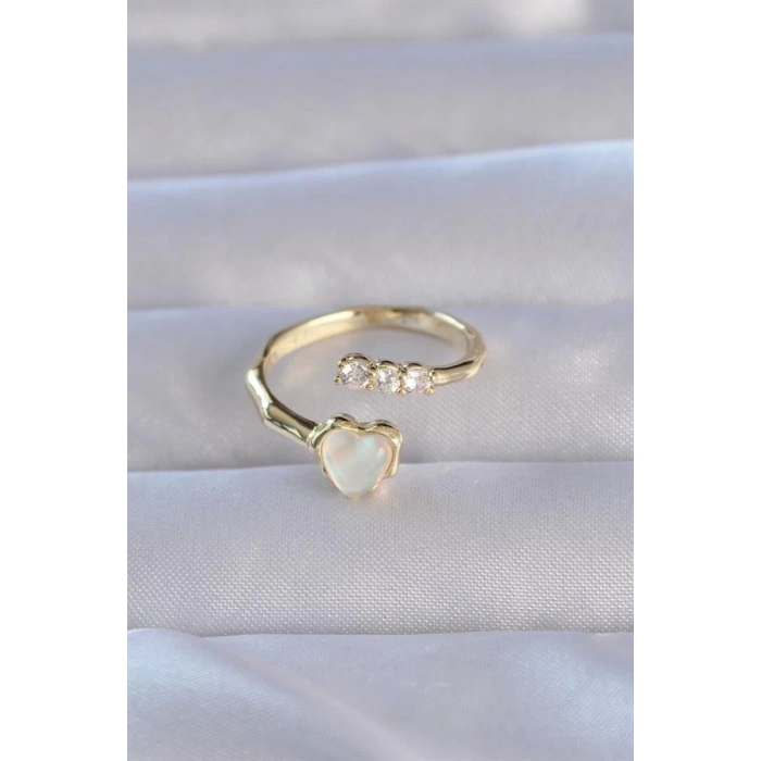 Pirinç Gold Renk Zirkon Taşlı Sedefli Kalp Model Ayarlanabilir Yüzük