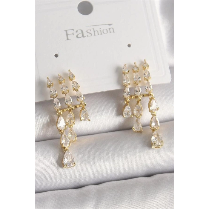 Pirinç Gold Renk Zirkon Taşlı Yağmur Model Kadın Küpe