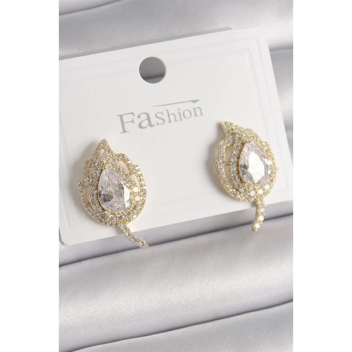 Pirinç Gold Renk Zirkon Taşlı Yaprak Model Kadın Küpe
