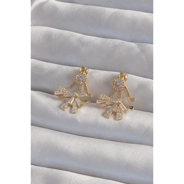 Pirinç Gold Renk Zirkon Taşlı Yassı Fiyonk Model Küpe