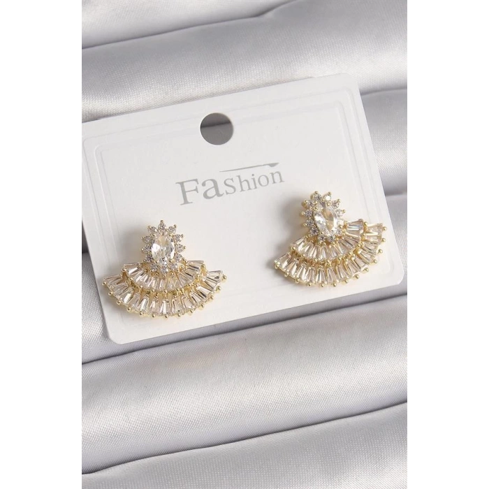 Pirinç Gold Renk Zirkon Taşlı Yelpaze Model Kadın Küpe
