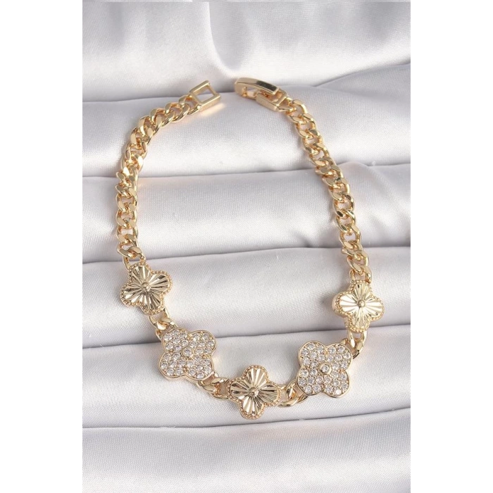 Pirinç Gold Renk Zirkon Taşlı Yonca Model Kadın Bileklik