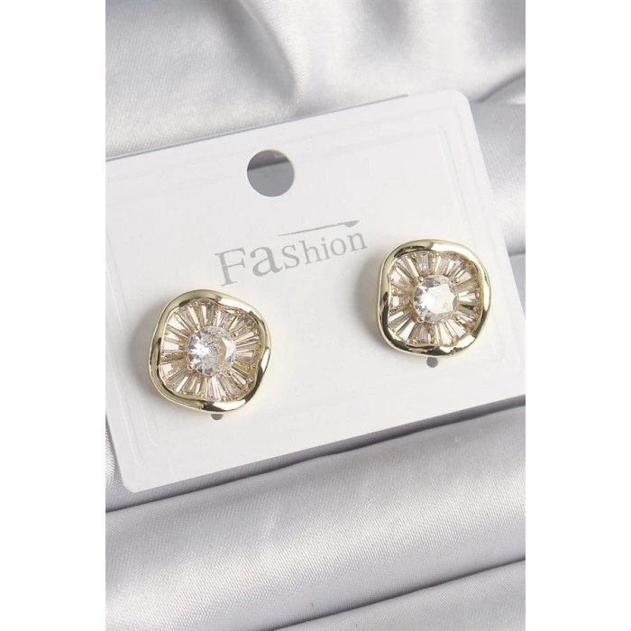 Pirinç Gold Renk Zirkon Taşlı Yonca Model Kadın Küpe