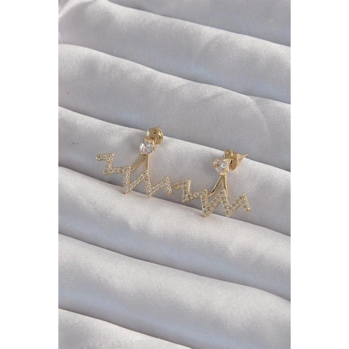 Pirinç Gold Renk Zirkon Taşlı Zikzak Küpe