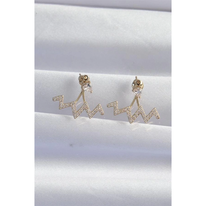 Pirinç Gold Renk Zirkon Taşlı Zikzak Küpe