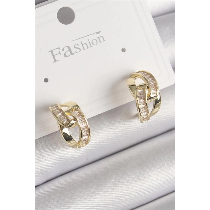 Pirinç Gold Renk Zirkon Taşlı Zincir Model Kadın Küpe