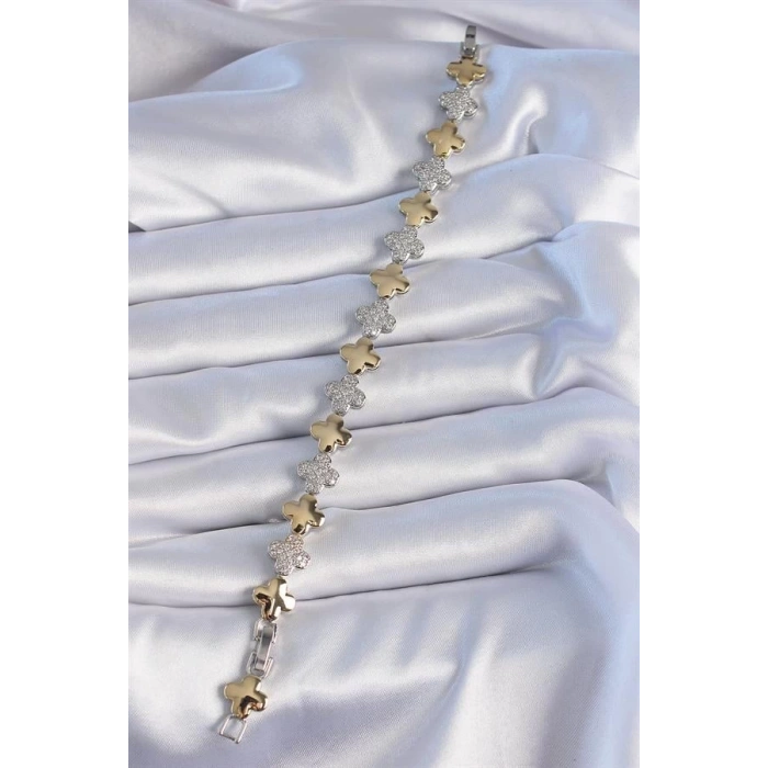 Pirinç Gümüş Gold Renk Zirkon Taşlı Yonca Model VİP Seri Kadın Bileklik