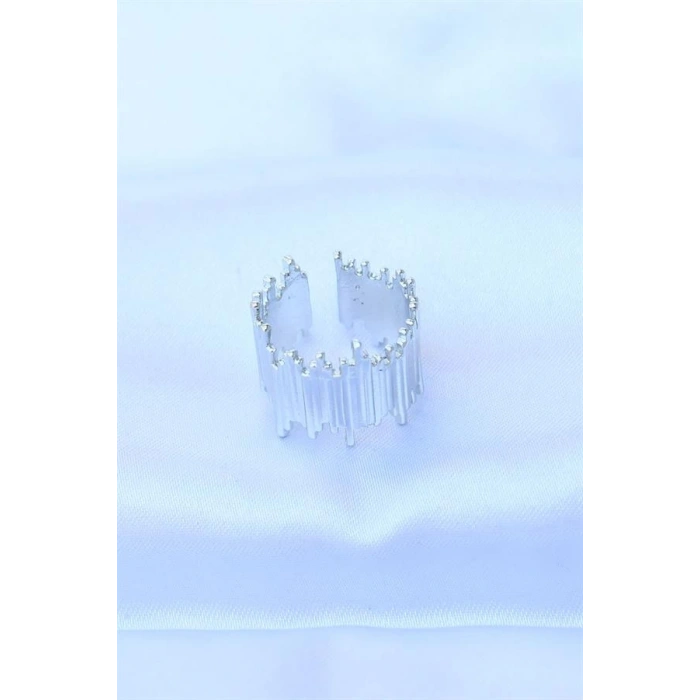 Pirinç Gümüş Renk Ayarlanabilir Kalın Tırtık Yüzük