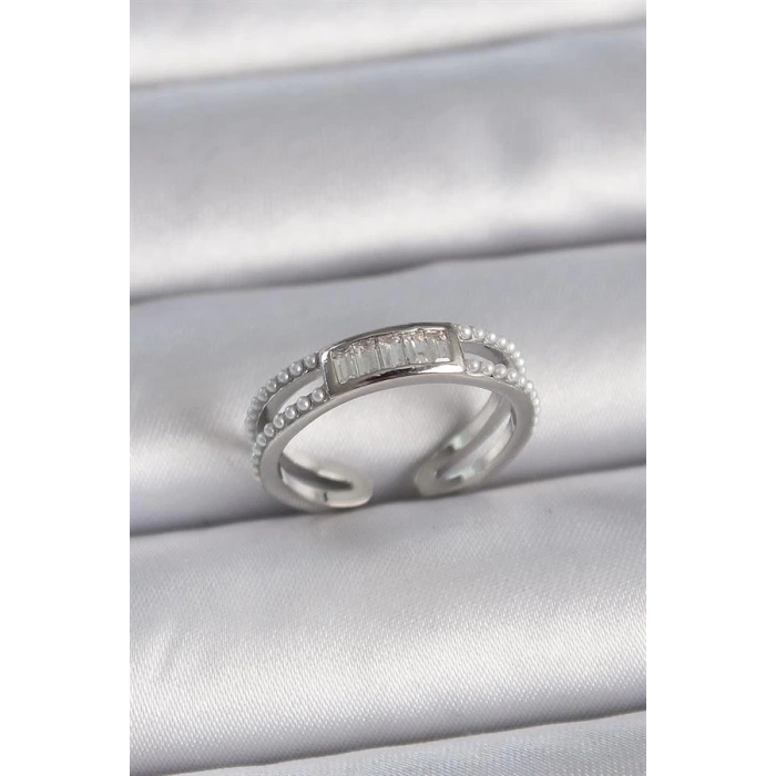 Pirinç Gümüş Renk Ayarlanabilir Sıralı İncili Zirkon Taşlı Kadın Yüzük