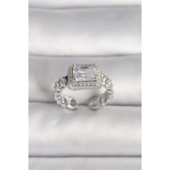 Pirinç Gümüş Renk Ayarlanabilir Zincir Kare Zirkon Taşlı Kadın Yüzük