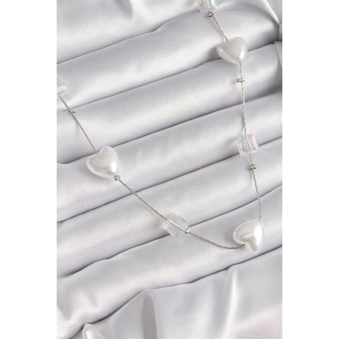 Pirinç Gümüş Renk Beyaz İnci Kalp Model Kadın Kolye