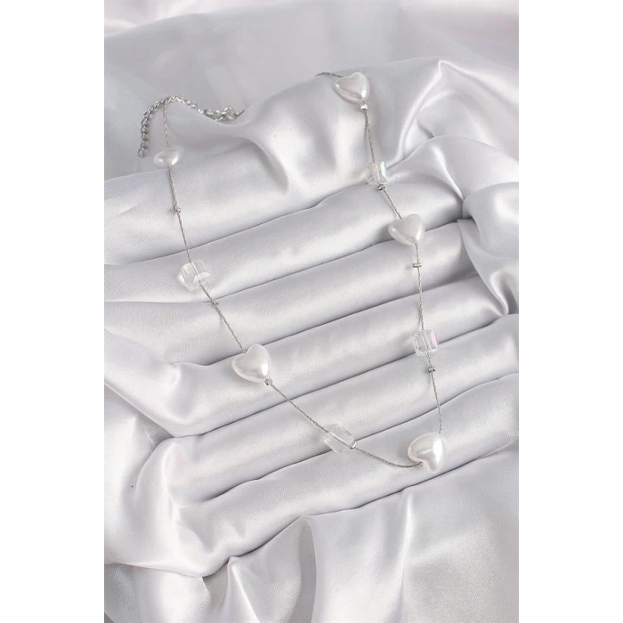 Pirinç Gümüş Renk Beyaz İnci Kalp Model Kadın Kolye