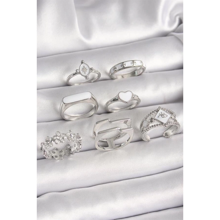 Pirinç Gümüş Renk Beyaz Mineli Kalp Çiçek Detay Kadın Yüzük Kombin