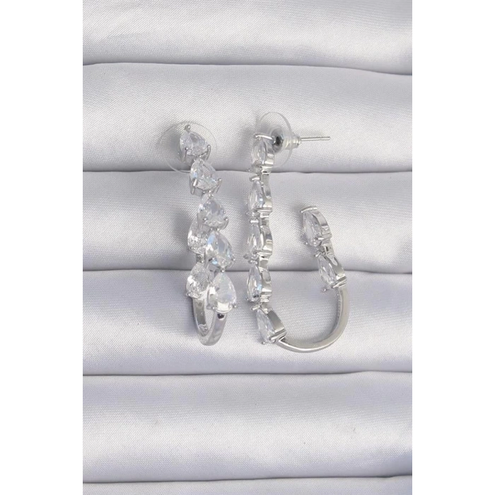 Pirinç Gümüş Renk Damla Zirkon Taş Tasarımlı Küpe