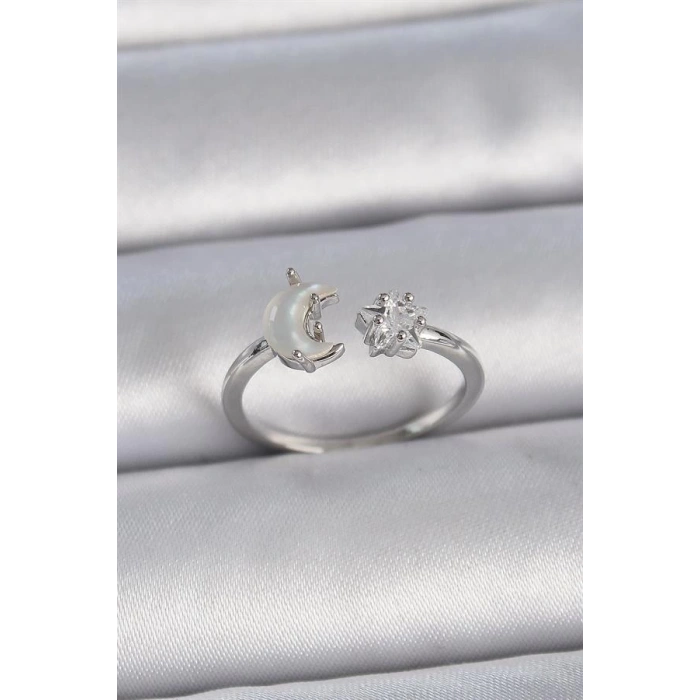 Pirinç Gümüş Renk İncili Hilal Zirkon Taşlı Yıldız Ayarlanabilir Kadın Yüzük