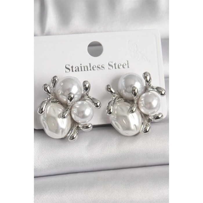 Pirinç Gümüş Renk İncili Tomurcuk Model Kadın Küpe