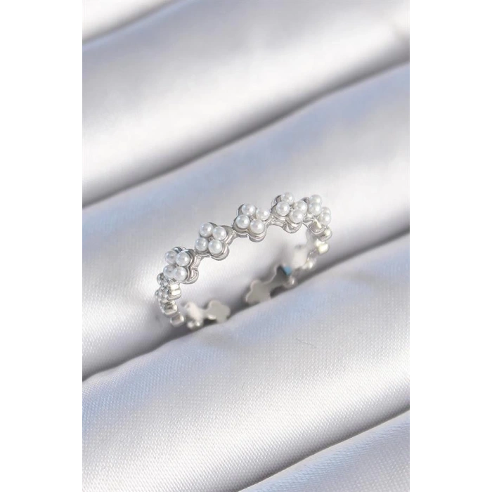 Pirinç Gümüş Renk İncili Yonca Model Kadın Yüzük