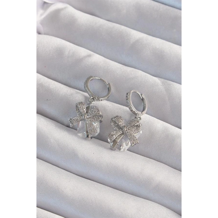 Pirinç Gümüş Renk İri Zirkon Taşlı Fiyonk Model Halka Küpe