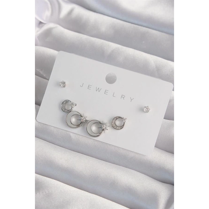 Pirinç Gümüş Renk Mineli Zirkon Taşlı Ay Yıldız Model Küpe Seti