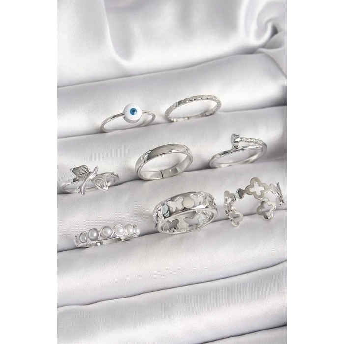 Pirinç Gümüş Renk Nazar Boncuk Detay İncili Kelebek İşlemeli Kadın Yüzük Kombini