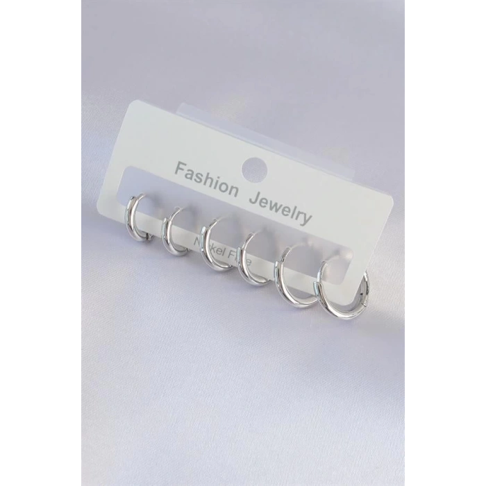 Pirinç Gümüş Renk Oval Küpe Seti