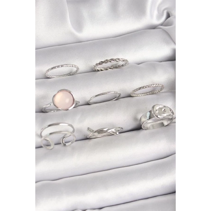 Pirinç Gümüş Renk Pembe Mineli Kemer Düğüm Figür Kadın Yüzük Kombini