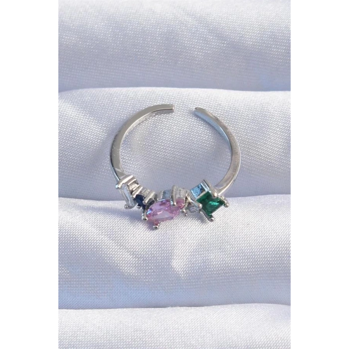Pirinç Gümüş Renk Renkli Zirkon Taşlı Ayarlanabilir Yüzük