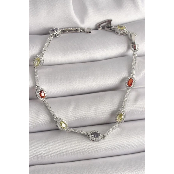 Pirinç Gümüş Renk Renkli Zirkon Taşlı Damla Taş Model Kadın Bileklik