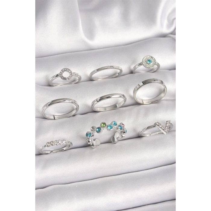 Pirinç Gümüş Renk Renkli Zirkon Taşlı Kadın Yüzük Kombini