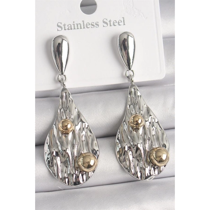 Pirinç Gümüş Renk Sallantı Damla Model Gold Topçuk Detay Kadın Küpe