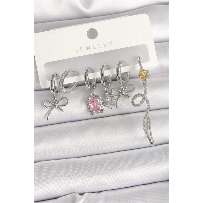 Pirinç Gümüş Renk Sallantı Kurdele Kuyruklu Yıldız Figür Pembe Kare Zirkon Taş Detay Kadın Küpe Seti