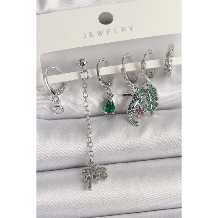 Pirinç Gümüş Renk Sallantı Zirkon Taşlı Ağaç Figür Çoklu Kadın Küpe Seti