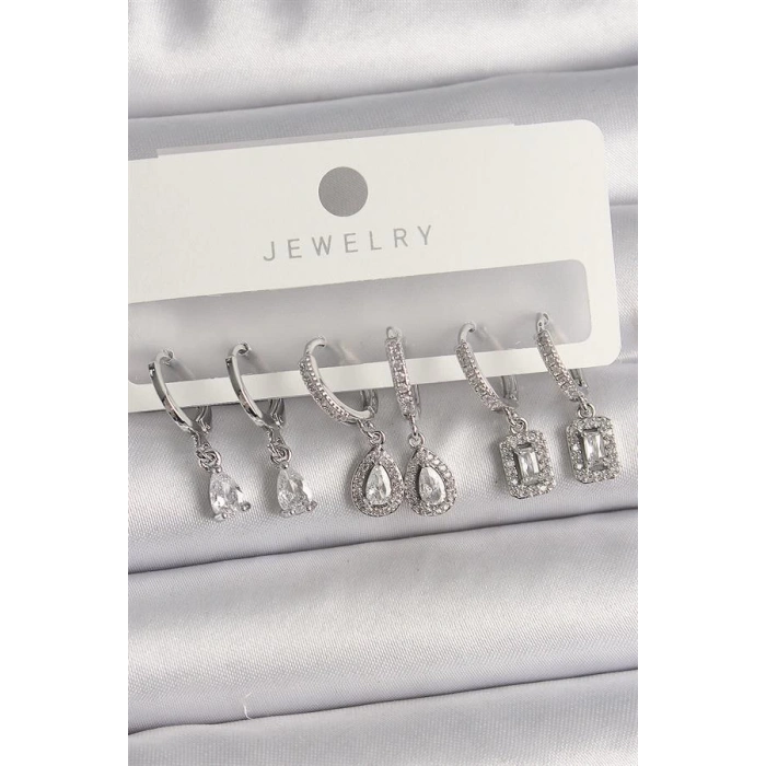 Pirinç Gümüş Renk Sallantı Zirkon Taşlı Damla Model Kadın Küpe Seti