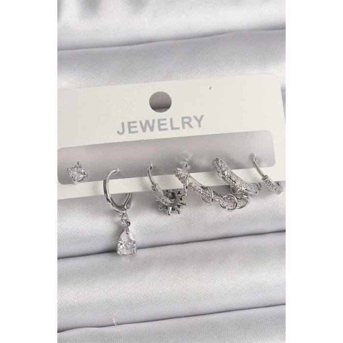 Pirinç Gümüş Renk Sallantı Zirkon Taşlı Halka Model Damla Taş Detay Kadın Küpe Seti