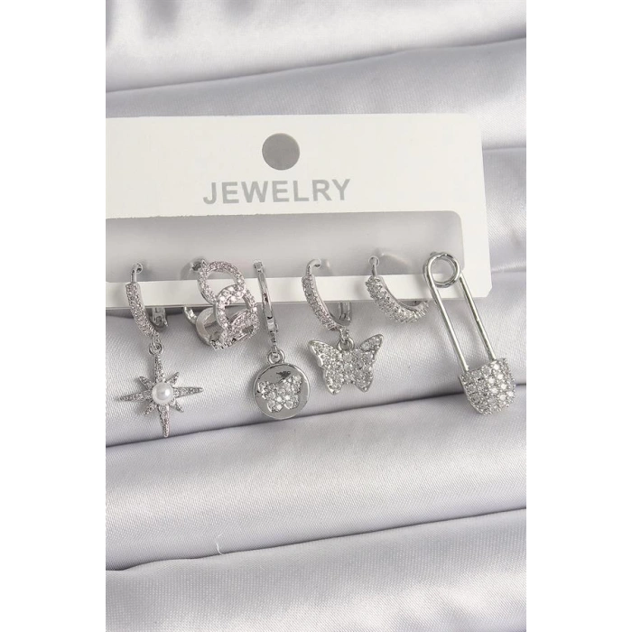 Pirinç Gümüş Renk Sallantı Zirkon Taşlı Kelebek Figür Kadın Küpe Seti