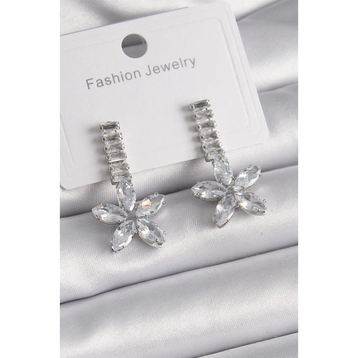 Pirinç Gümüş Renk Su Yolu Zirkon Taşlı Çiçek Model Kadın Küpe