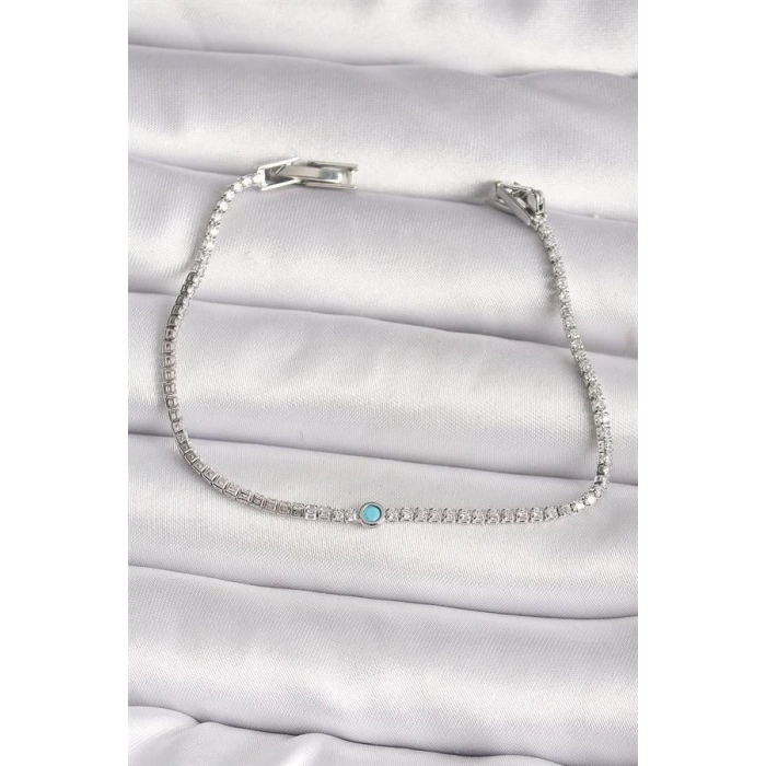 Pirinç Gümüş Renk Su Yolu Zirkon Taşlı Mavi Taşlı Kadın Bileklik