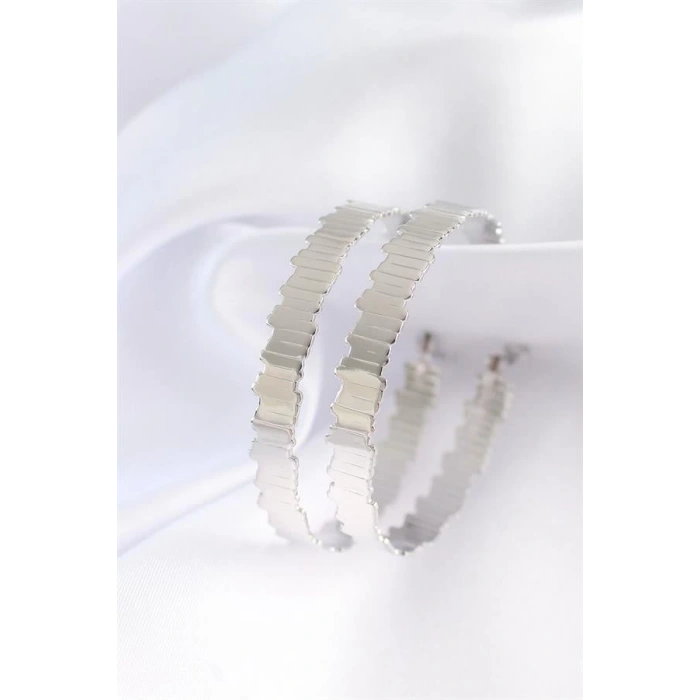 Pirinç Gümüş Renk Tırtıklı Halka Küpe