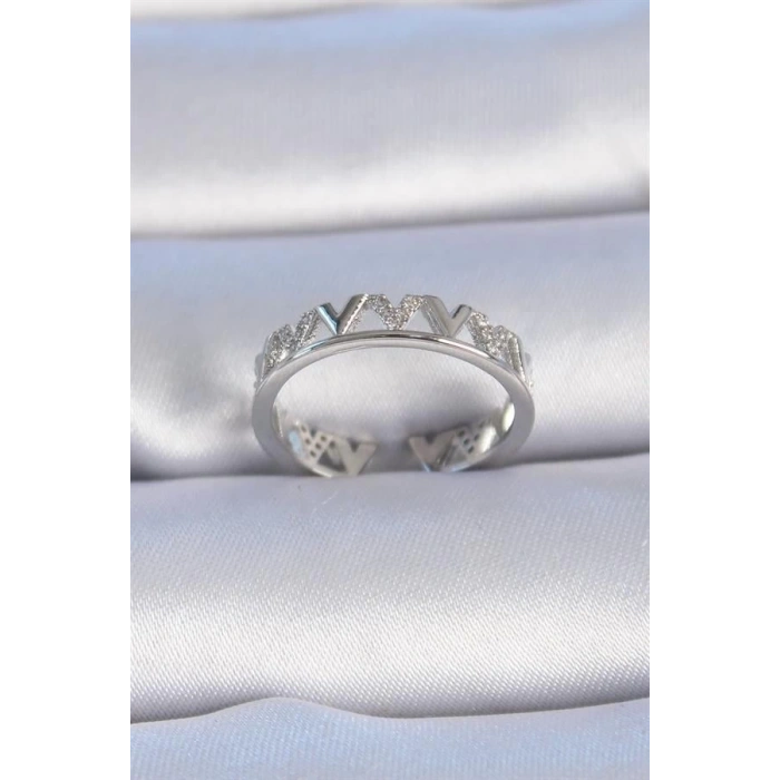 Pirinç Gümüş Renk V Model Zirkon Taşlı Kadın Yüzük