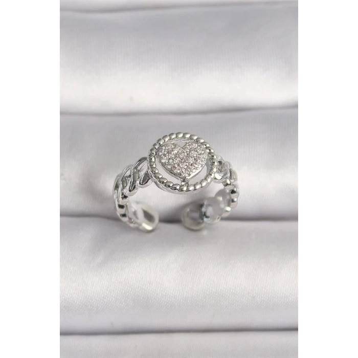 Pirinç Gümüş Renk Zincir Model Zirkon Taşlı Kalp Model Kadın Yüzük