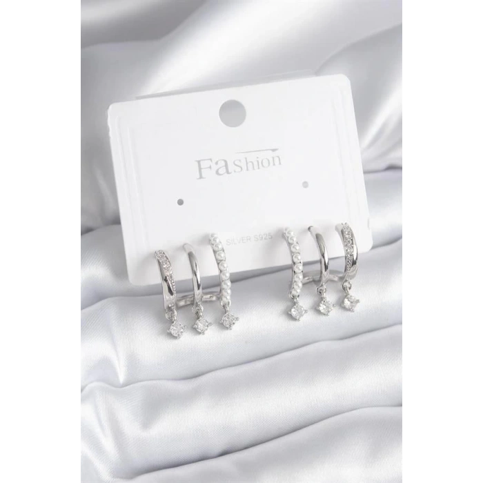 Pirinç Gümüş Renk Zirkon Taş Detay İncili Kadın Küpe