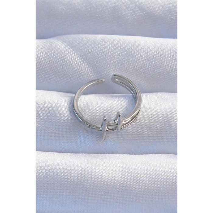 Pirinç Gümüş Renk Zirkon Taşlı 2li Görünüm Ayarlanabilir Yıldız Model Yüzük